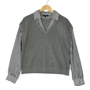 Adrianna Papell Sweater Women Sz M Gray Striped Layered Twofer Pullover Top